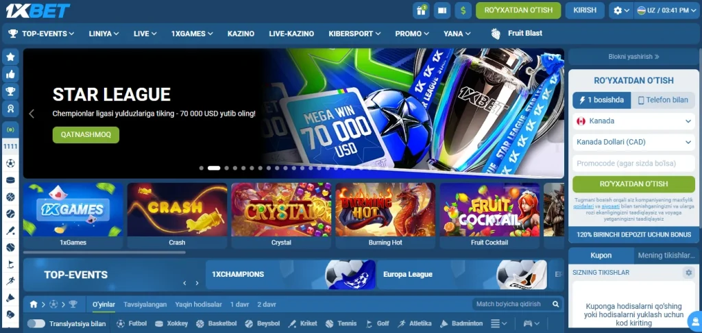 1xBet’da onlayn sportga pul tikish va kazino