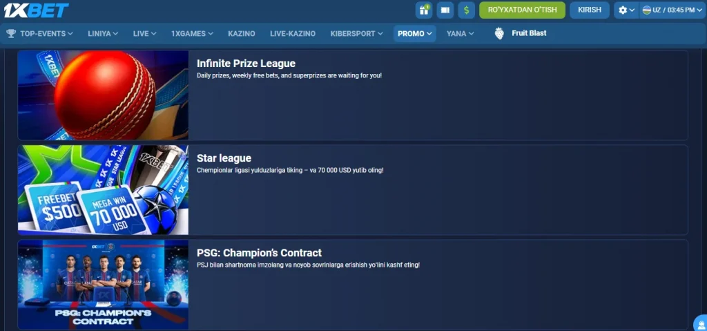 1xBet UZ dan bonuslar va aksiyalar