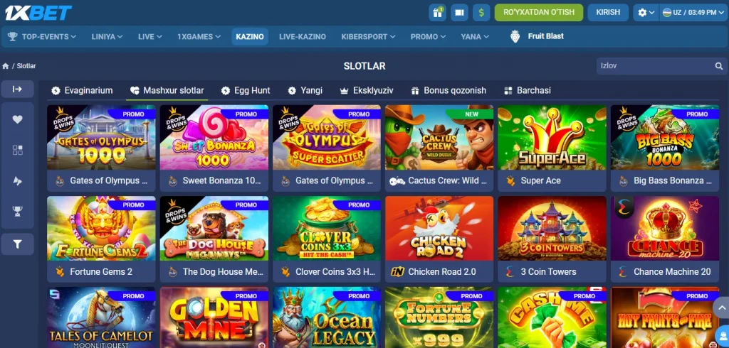 1xBet UZ dan slotlar va jonli dilerlik o'yinlari